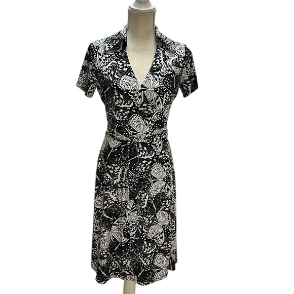 Brooks Brothers Black-White Knit Jersey Butterfly Print Wrap Dress Size … - Picture 1 of 16